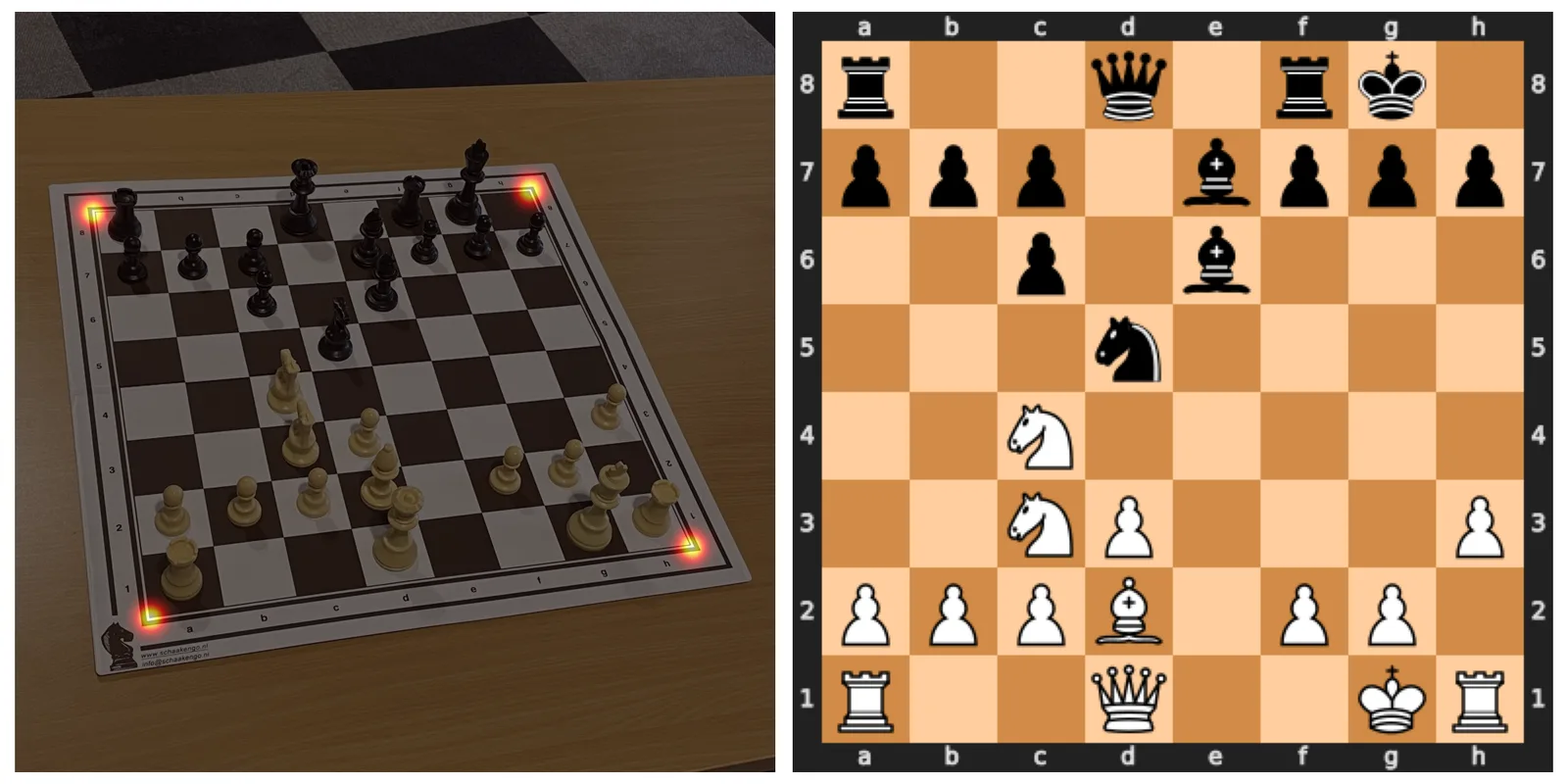 Photo of a chessboard and the reconstructed digital board
