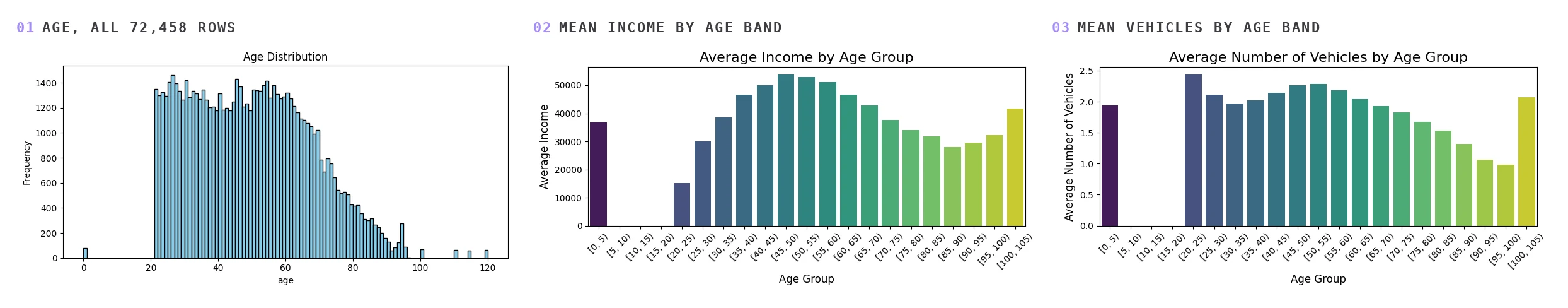 Three panels: a histogram of age showing a spike at 0, an empty gap from 1 to 20, the real distribution from 21 to the mid-90s, and isolated bars at 100, 110, 114 and 120; bar charts of mean income and mean vehicle count per five-year age band, both with anomalous bars in the 0-5 and 100-105 bands