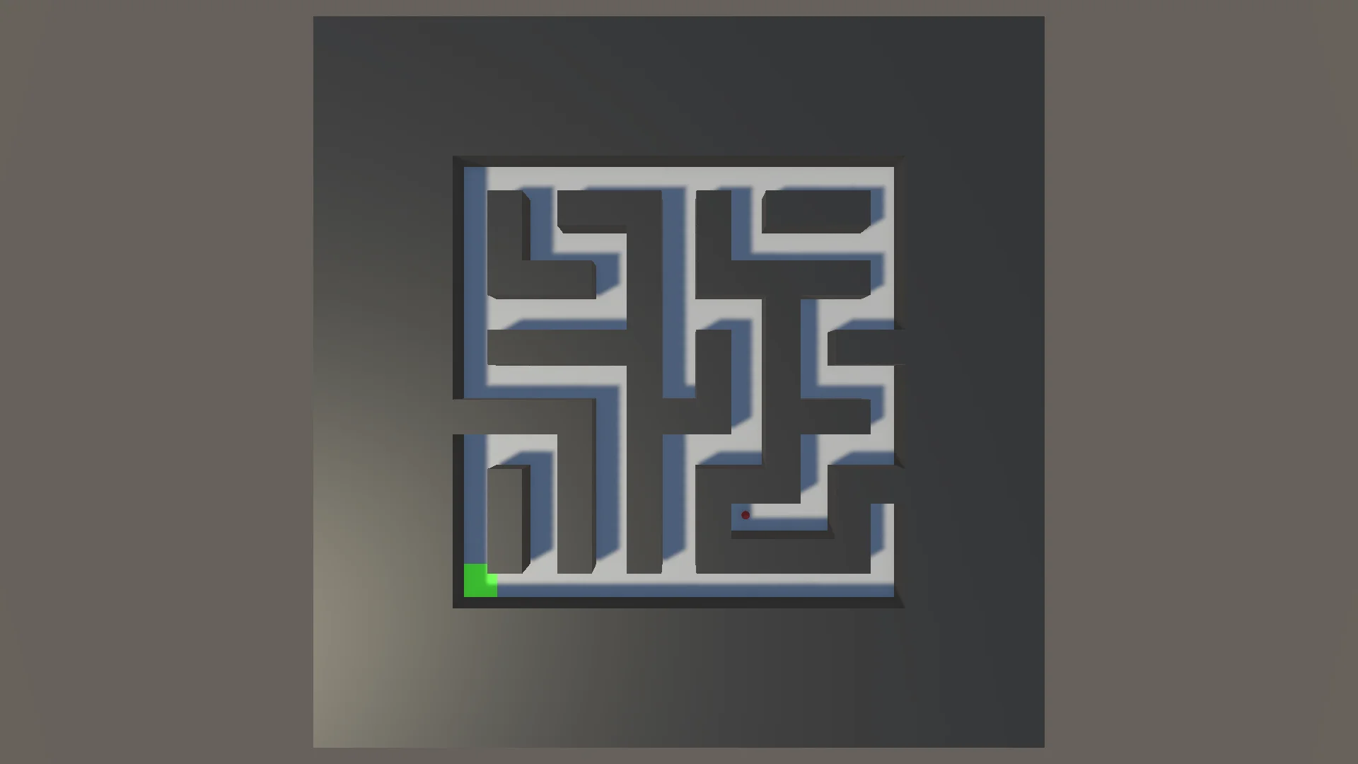 Virtual ball-balancing maze platform in Unity showing procedural labyrinth corridors and a rolling sphere
