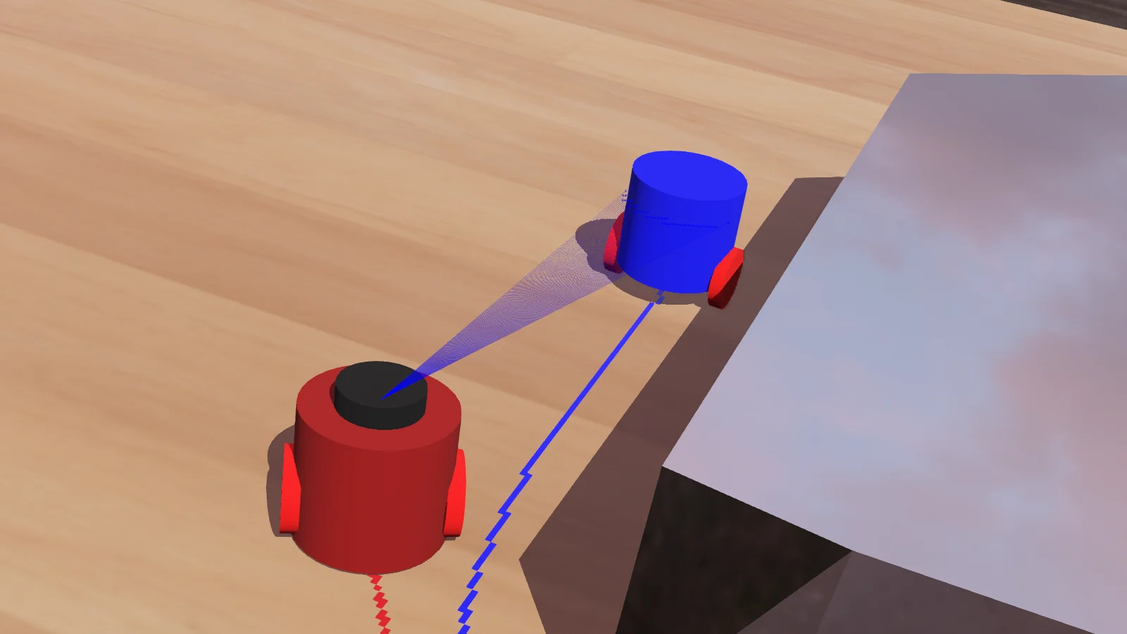 Webots simulation showing the red follower robot tracking the blue wall-following robot with a blue planar LiDAR scan fan