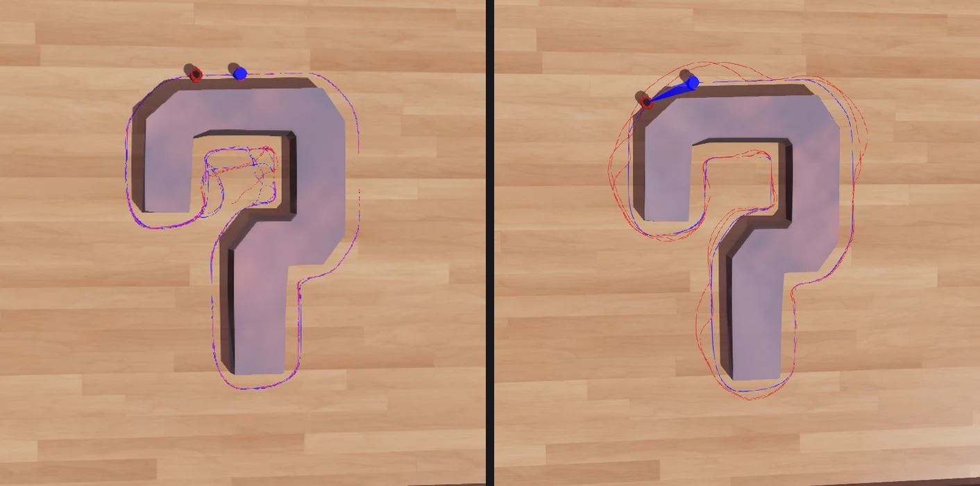 Side-by-side comparison of robot trajectories: baseline on the left showing interior deviations and collisions; improved LiDAR architecture on the right showing uniform wall parallelism
