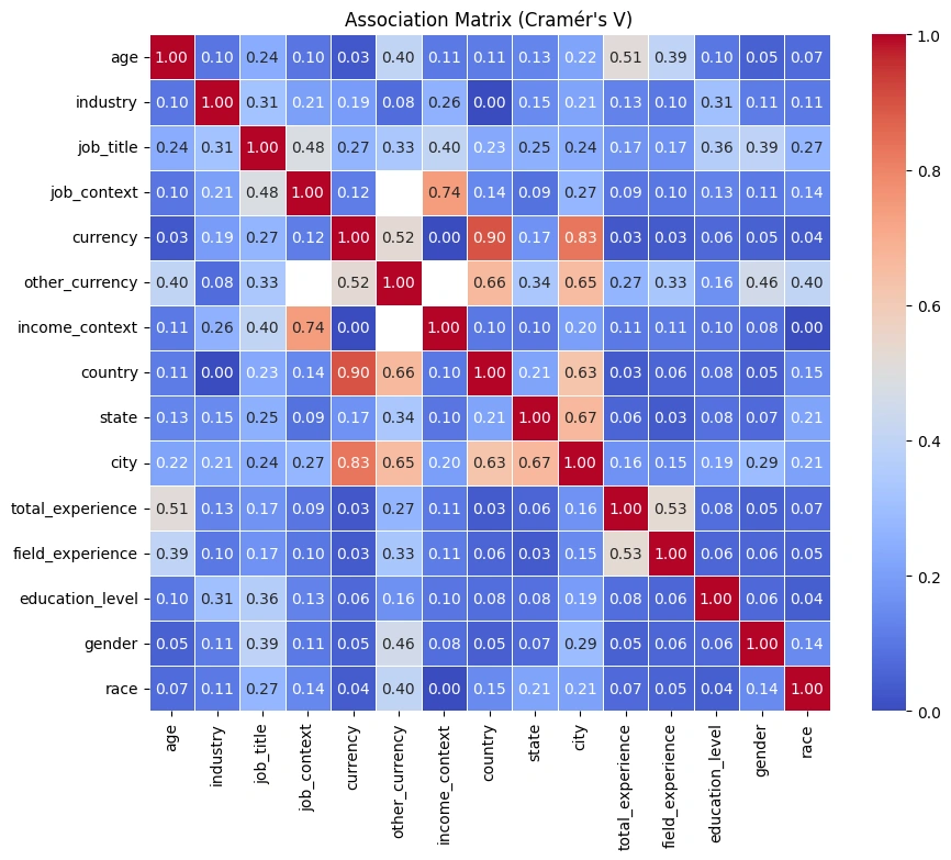Cramér's V correlation heatmap across categorical and demographic features